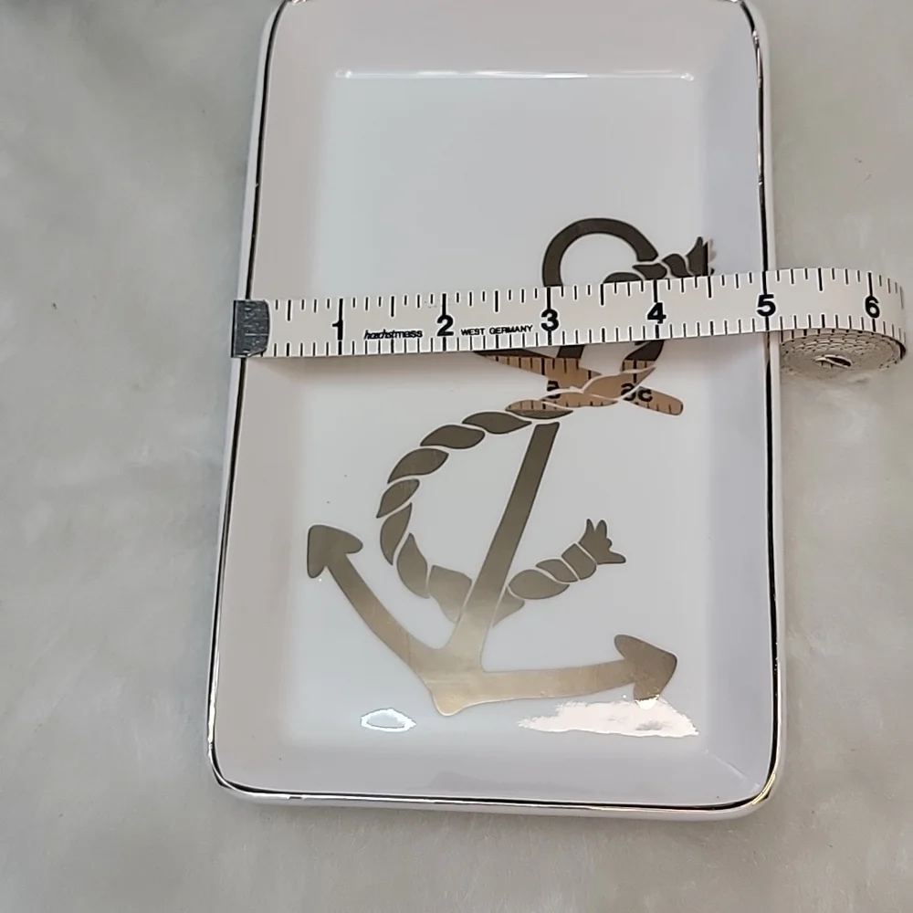 J.CREW NeW White Silver Printed Anchor Nautical Preppy Boho Jewelry Trinket Tray